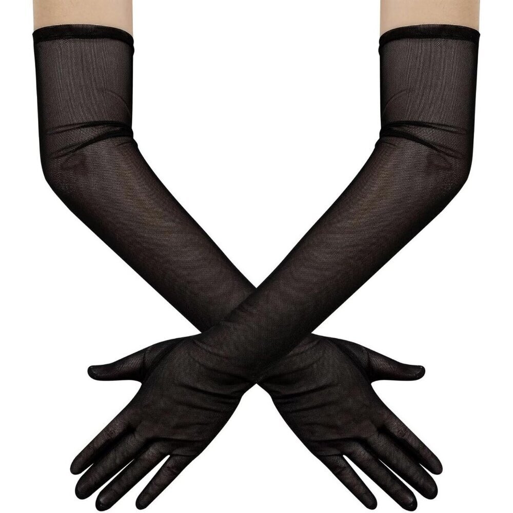 Women's Tulle Mesh Black Long Stretchy Gloves Halloween Party Wedding Costume